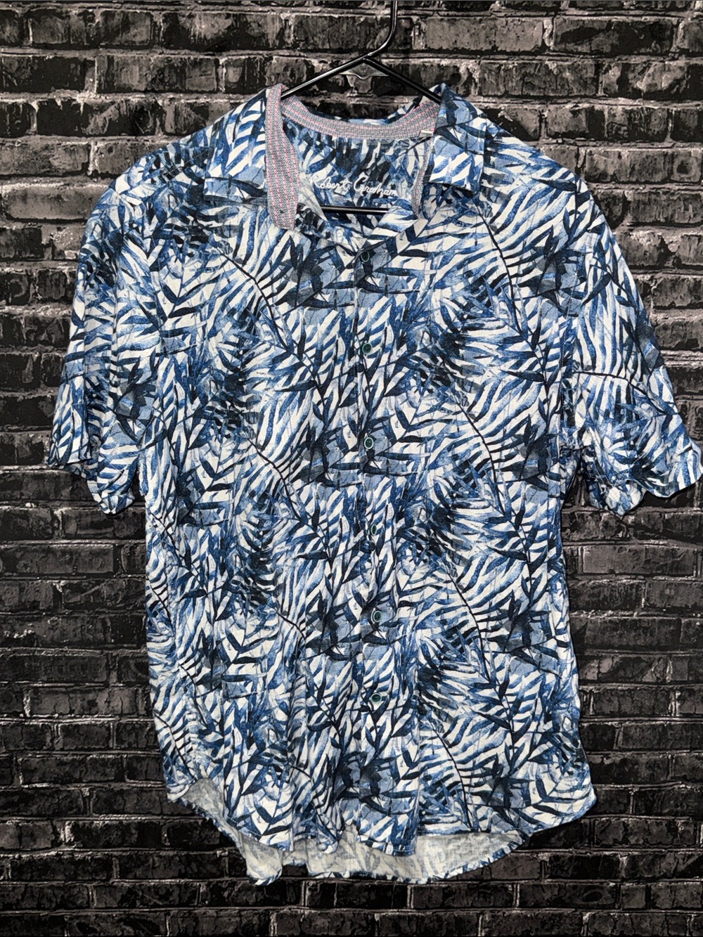 Robert Graham Blue and White Tropical Leaf Button-Down Shirt Linen / Cotton LRG